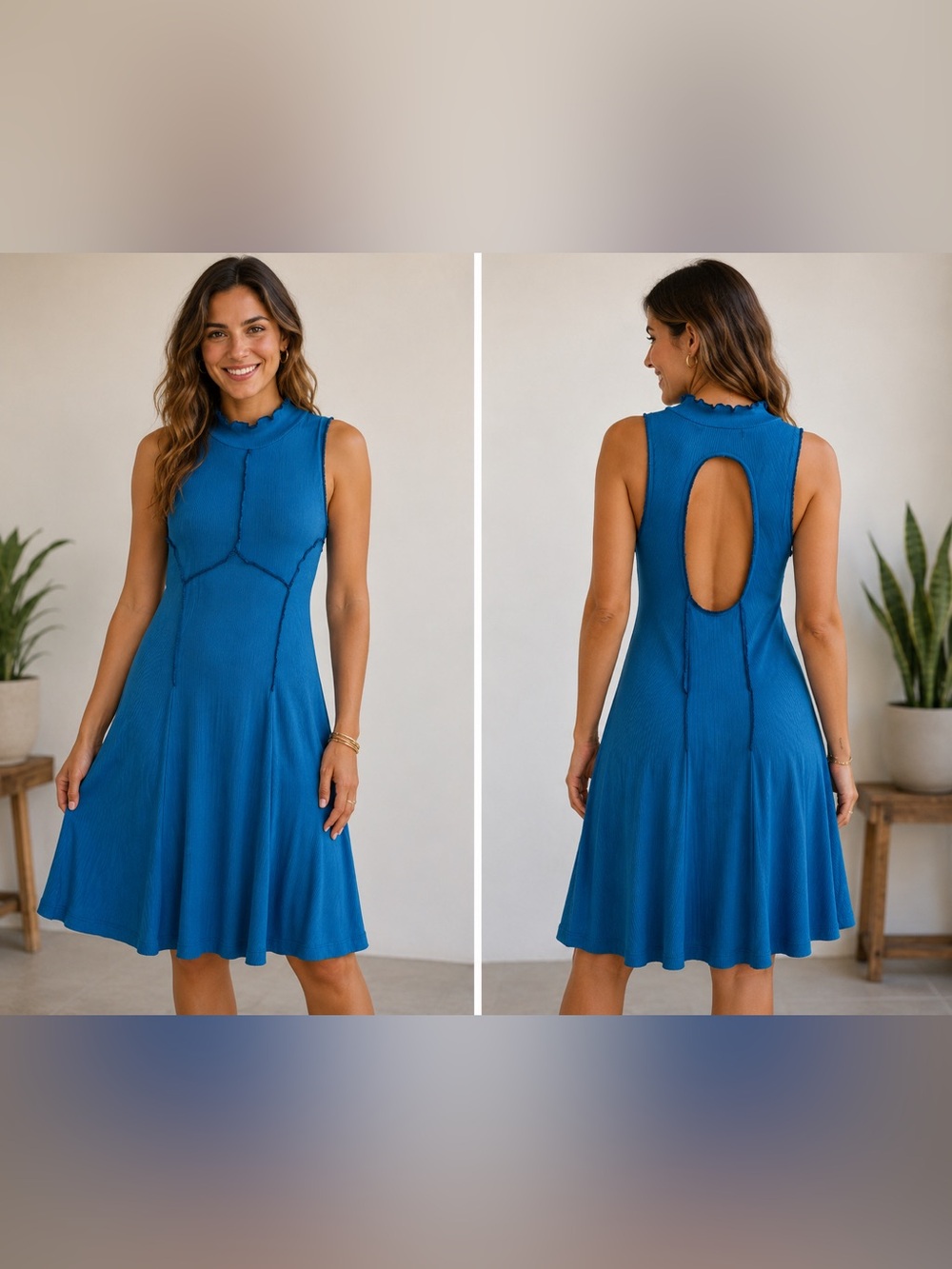 Urban Outfitters Blue Ribbed Cutout Sleeveless Mini Dress Mock Neck Women M NWT